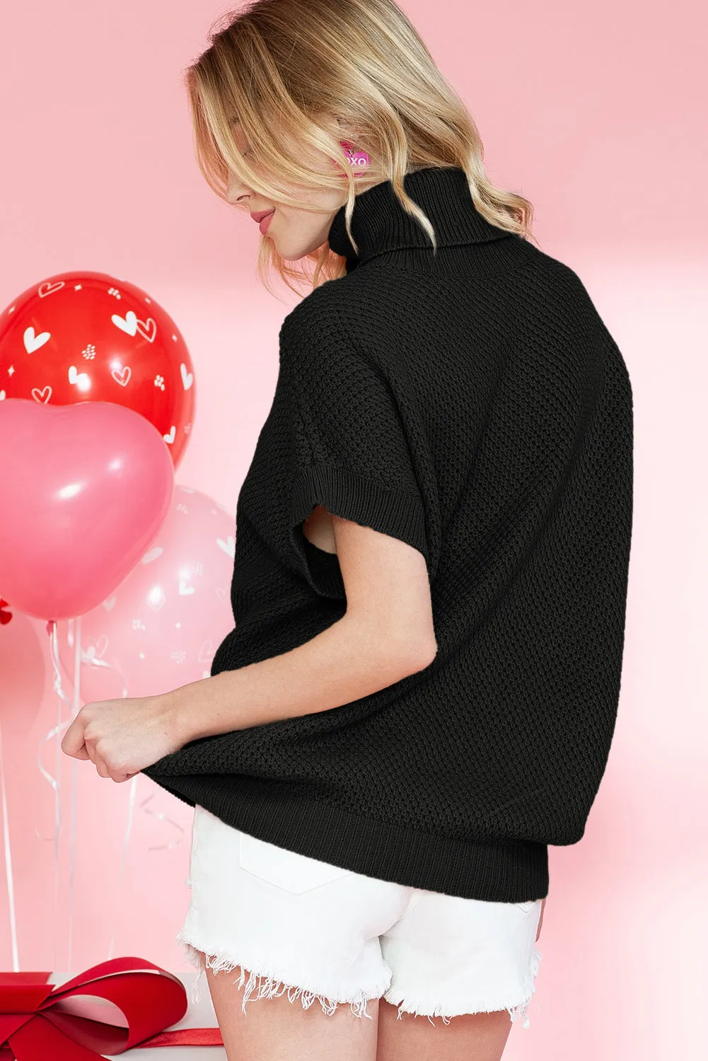 Black Ribbed Turtleneck Textured Short Sleeve Sweater