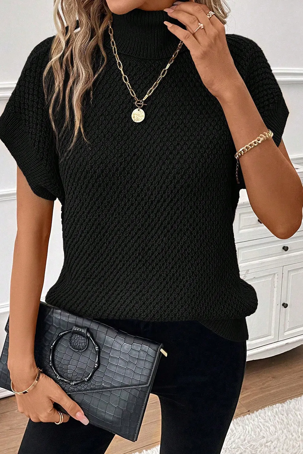 Black Ribbed Turtleneck Textured Short Sleeve Sweater