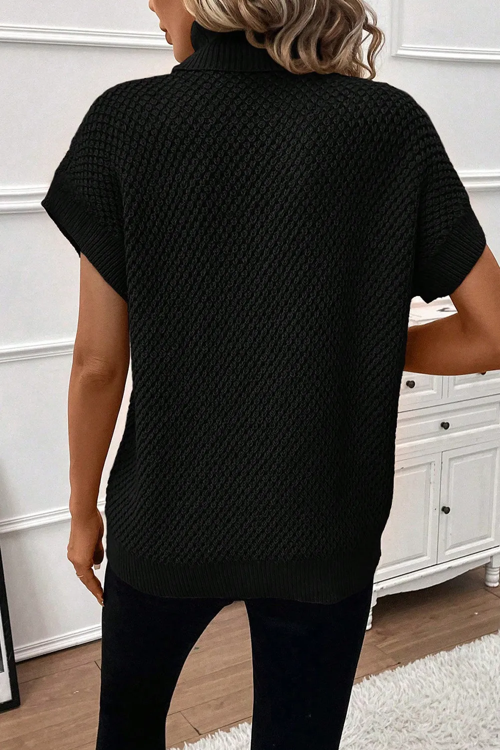 Black Ribbed Turtleneck Textured Short Sleeve Sweater