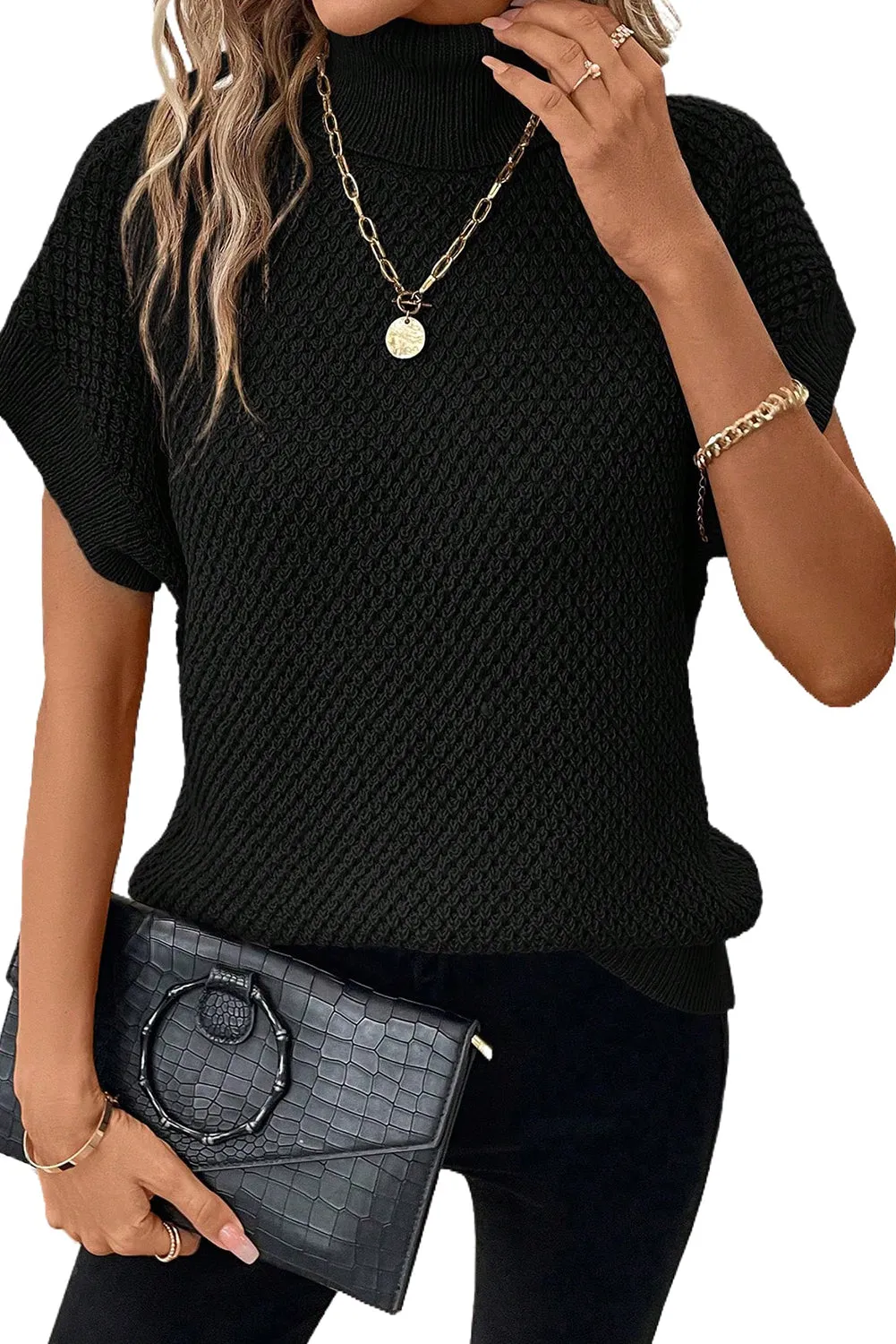 Black Ribbed Turtleneck Textured Short Sleeve Sweater