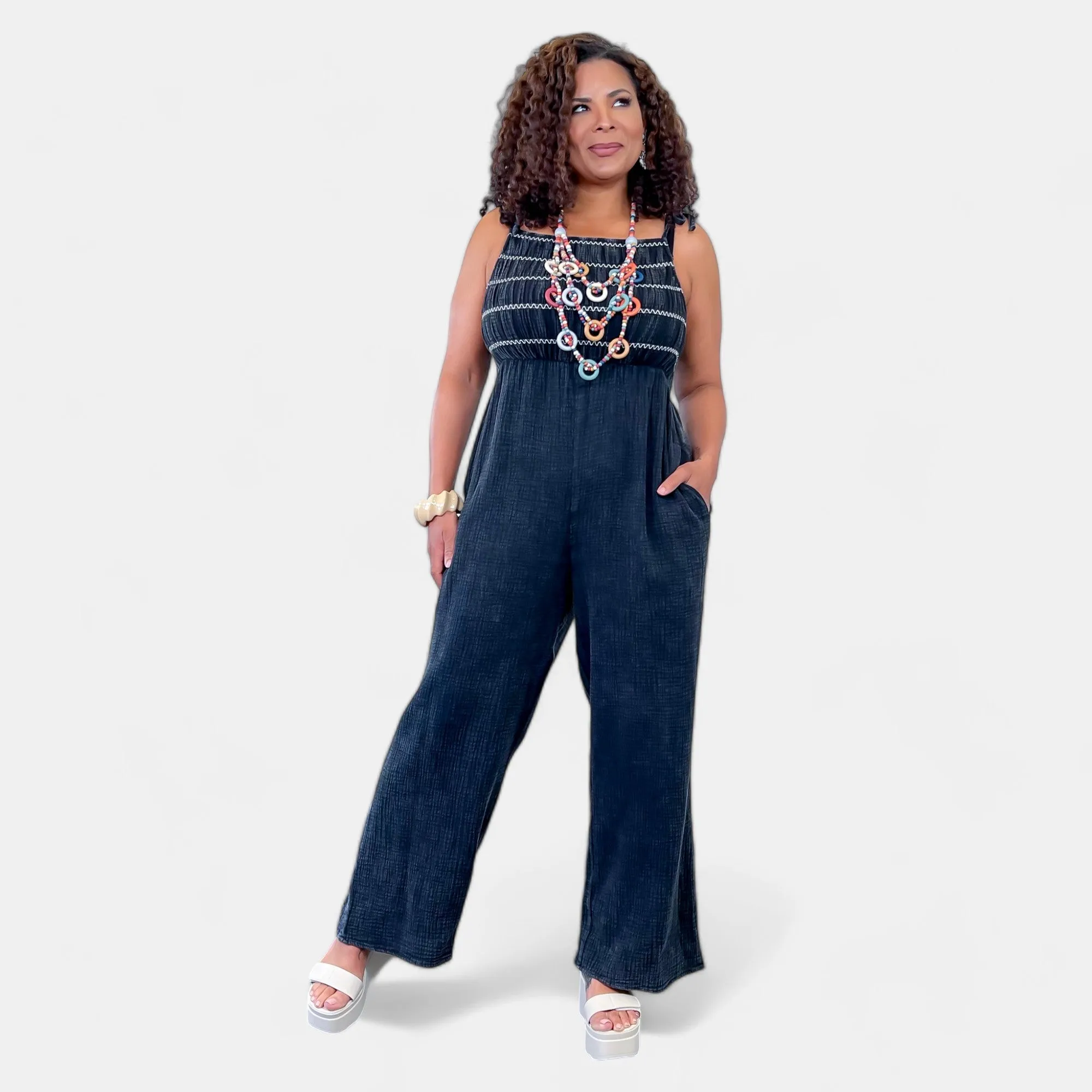 Black Smocked Relaxed Jumpsuit