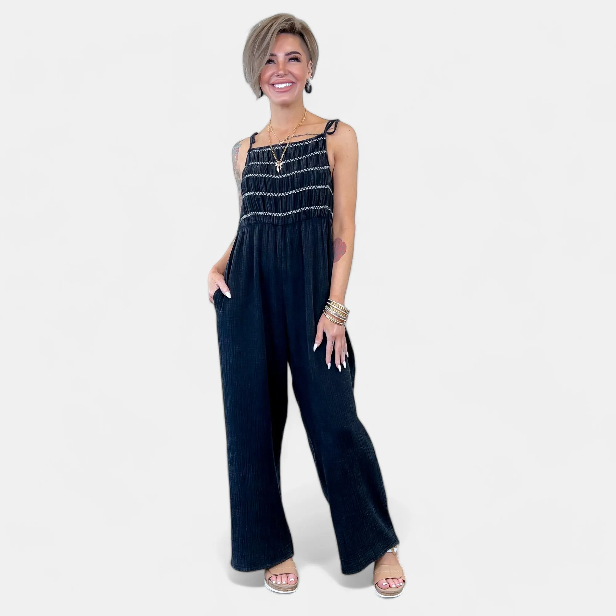 Black Smocked Relaxed Jumpsuit