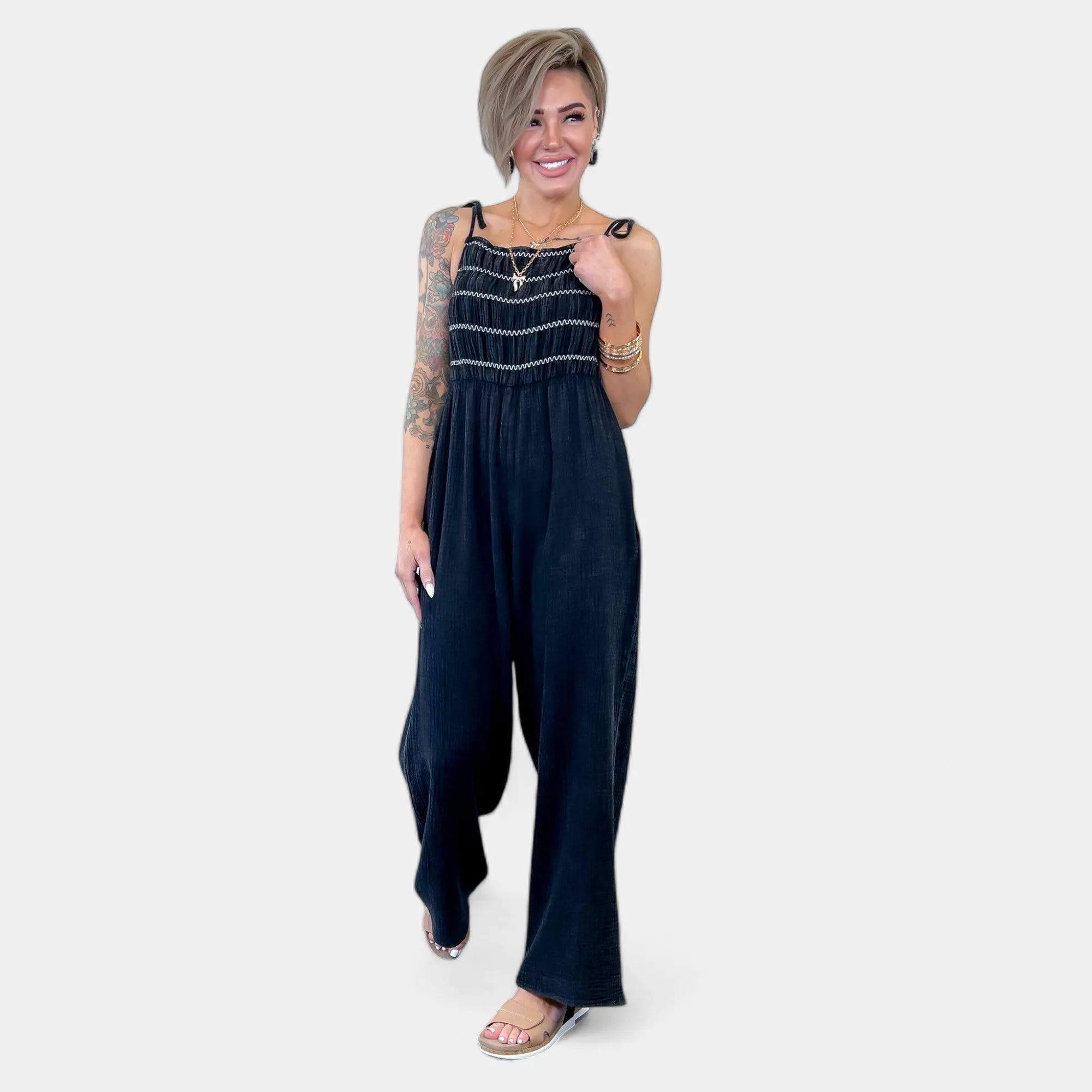 Black Smocked Relaxed Jumpsuit