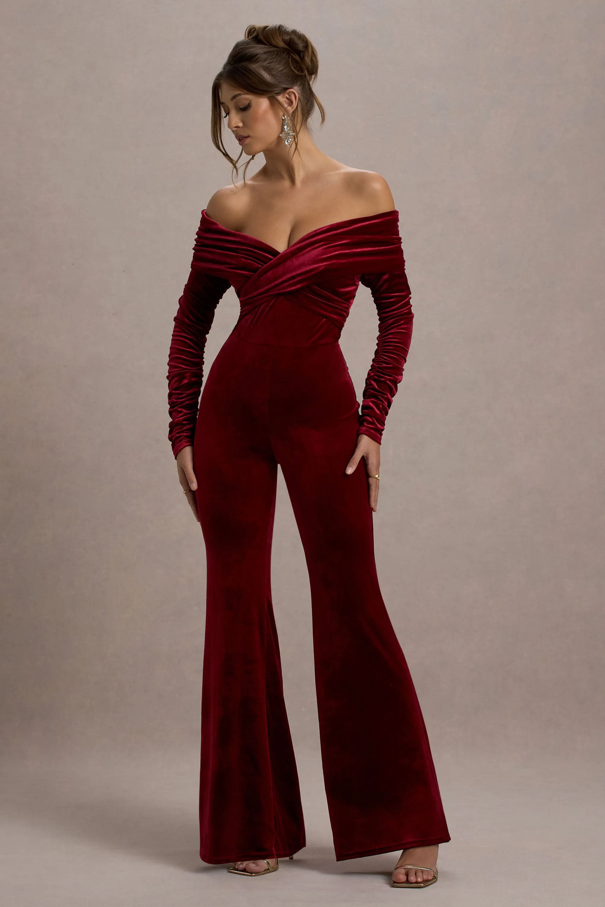 Borealis | Berry Velvet Long-Sleeved Bardot Jumpsuit