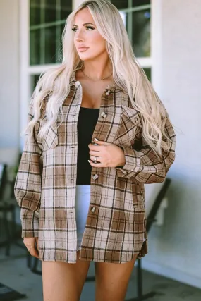 Brown Plaid Print Chest Pockets Shacket