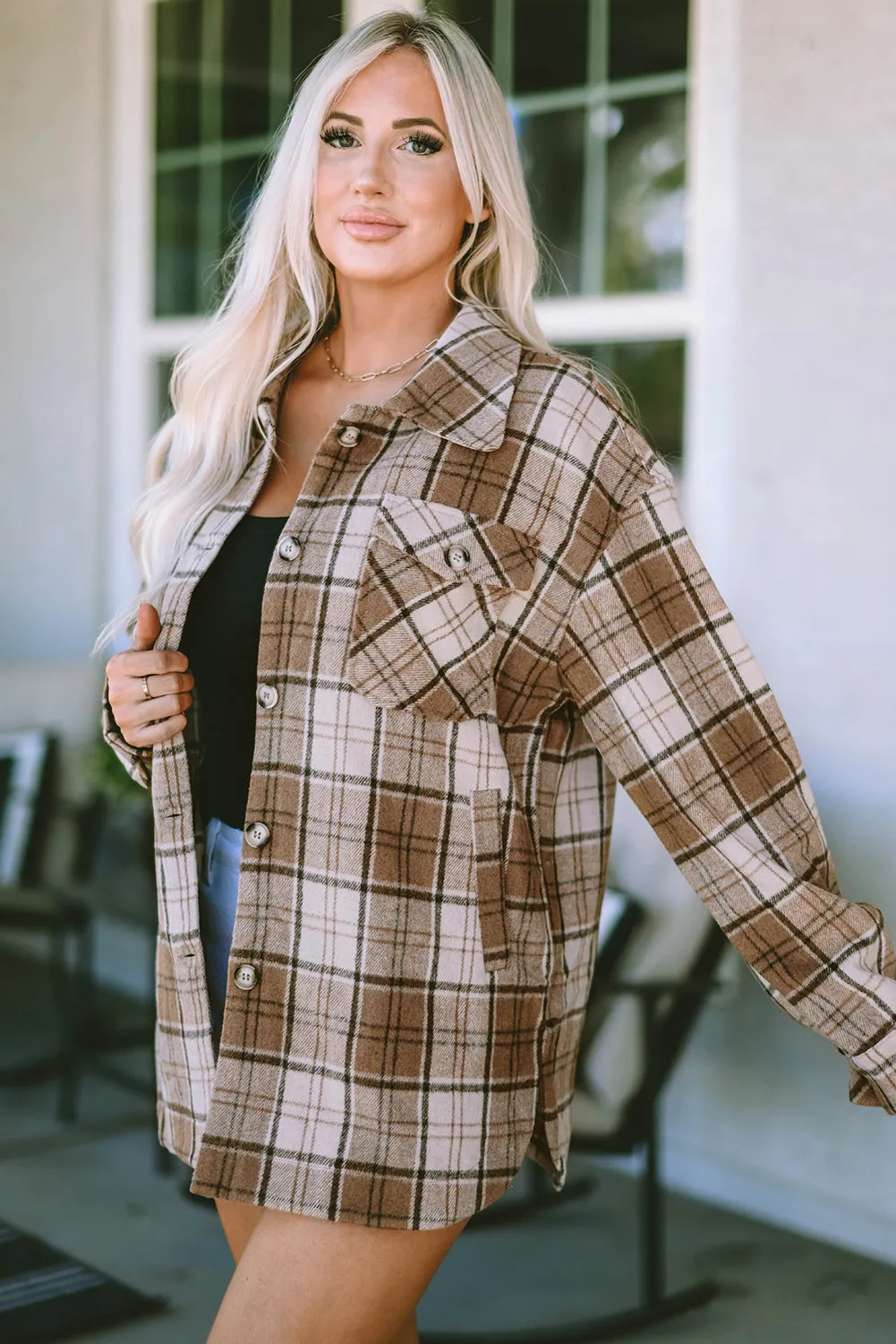 Brown Plaid Print Chest Pockets Shacket