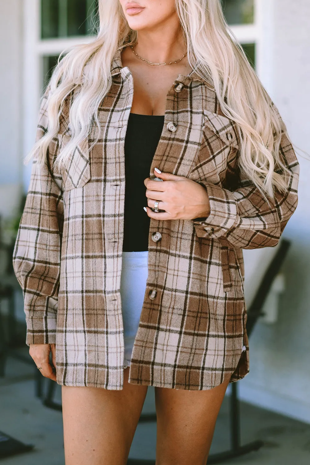 Brown Plaid Print Chest Pockets Shacket