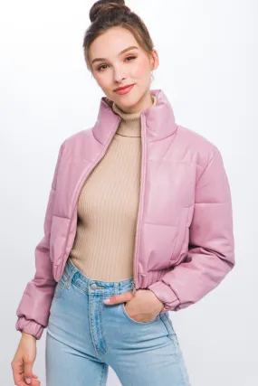 Bubble Gum Cropped PU High Neck Jacket