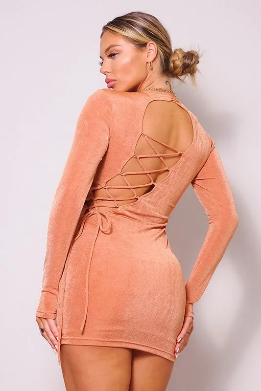 Burnt Sienna Long Sleeve Open Back Lattice Tie Bodycon Mini Dress