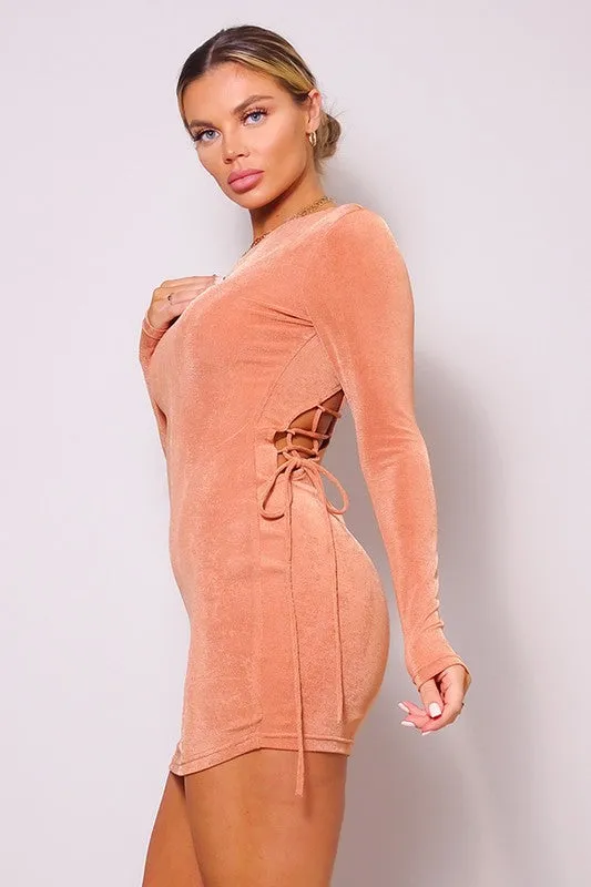 Burnt Sienna Long Sleeve Open Back Lattice Tie Bodycon Mini Dress