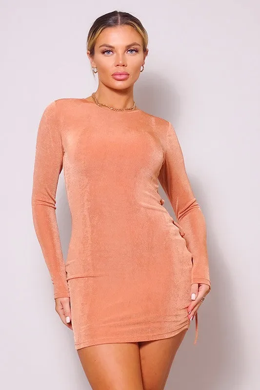 Burnt Sienna Long Sleeve Open Back Lattice Tie Bodycon Mini Dress