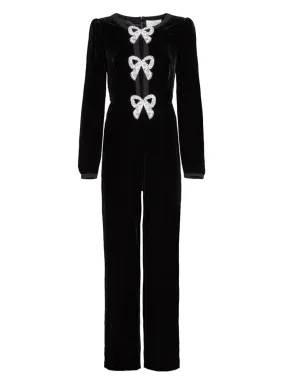 Camille Velvet Embellished Bows Jumpsuit in Black