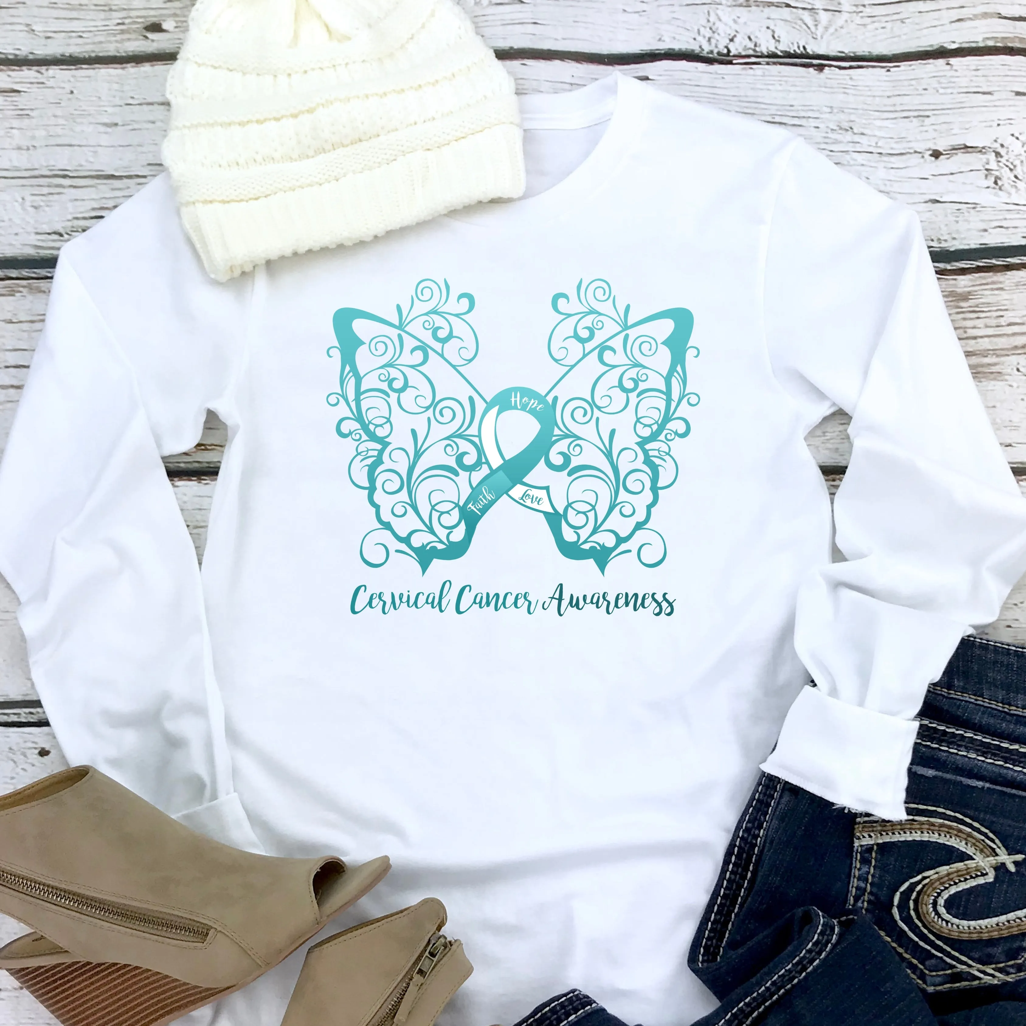 Cervical Cancer Awareness Filigree Butterfly Long Sleeve Tee - Several Colors Available