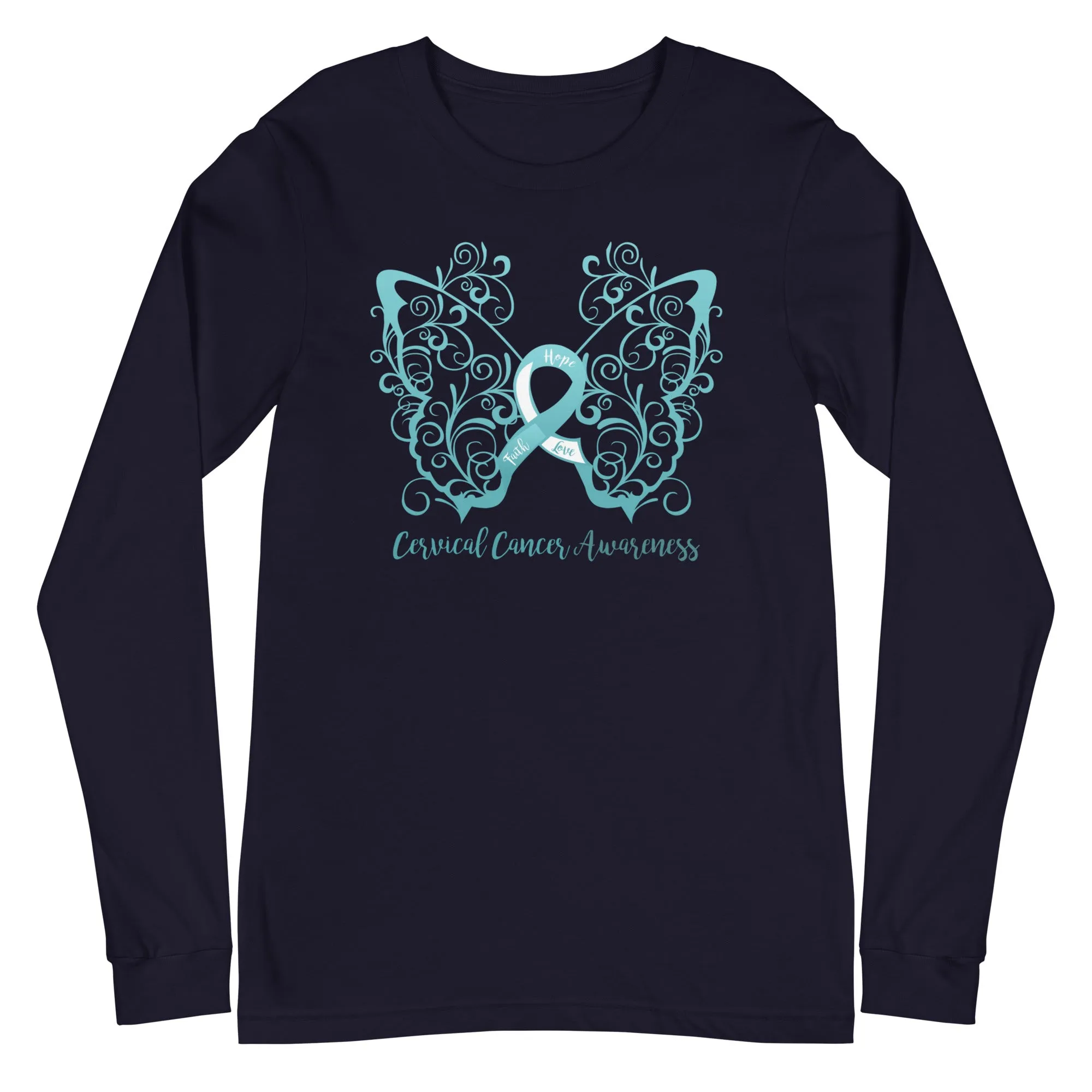 Cervical Cancer Awareness Filigree Butterfly Long Sleeve Tee - Several Colors Available