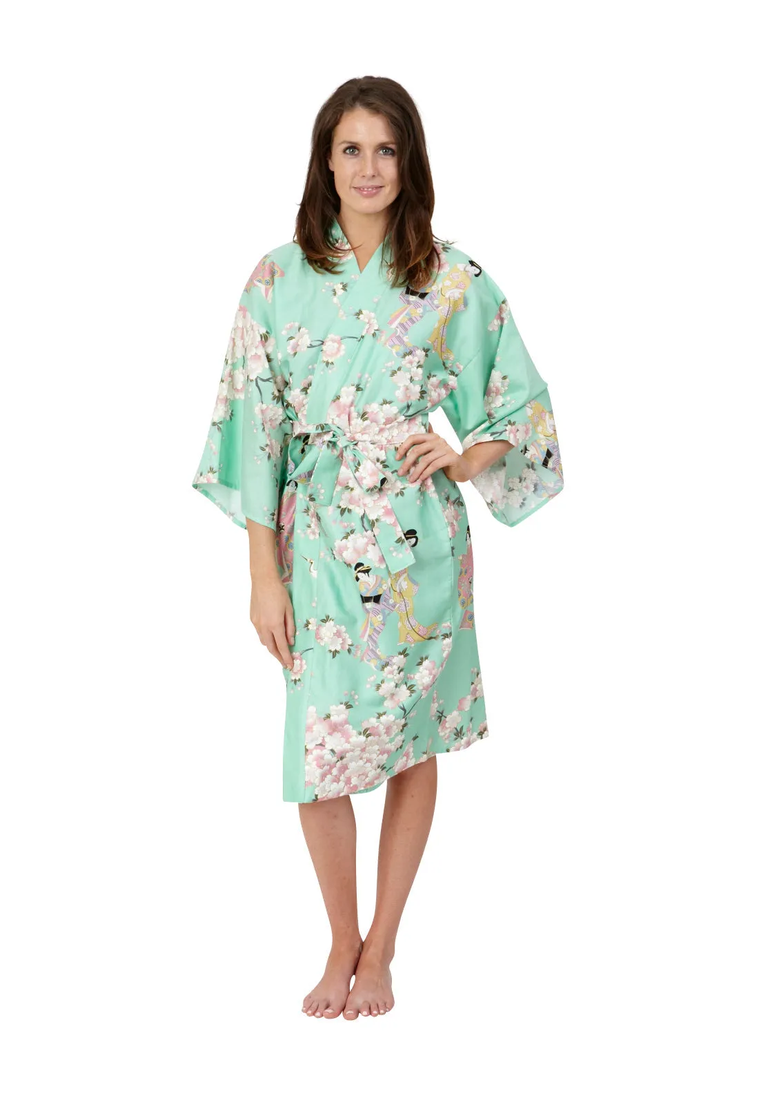 Cherry Blossom & Beauty Short Cotton Kimono Mint - New Larger Size