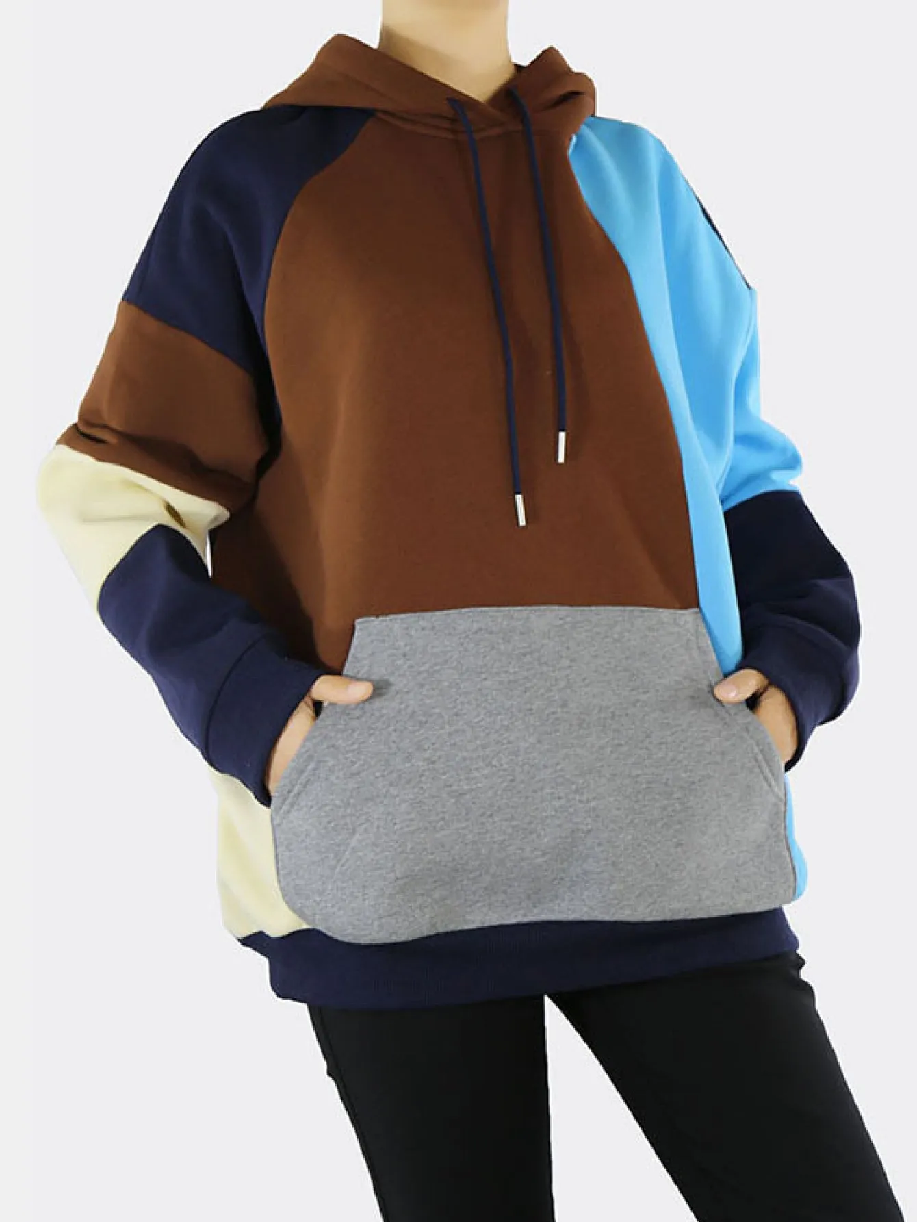 Color Block Drawstring Hoodie with Kangaroo Pocket