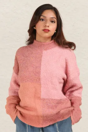 Color Block Mock Neck Drop Shoulder Sweater