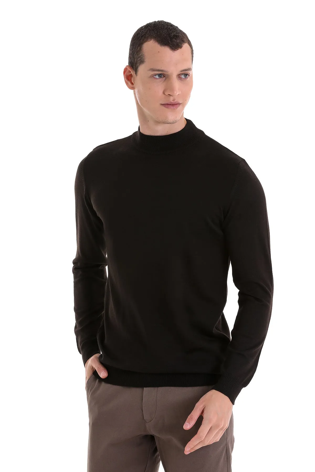 Comfort Fit Wool Blend Black Mock Neck Sweater