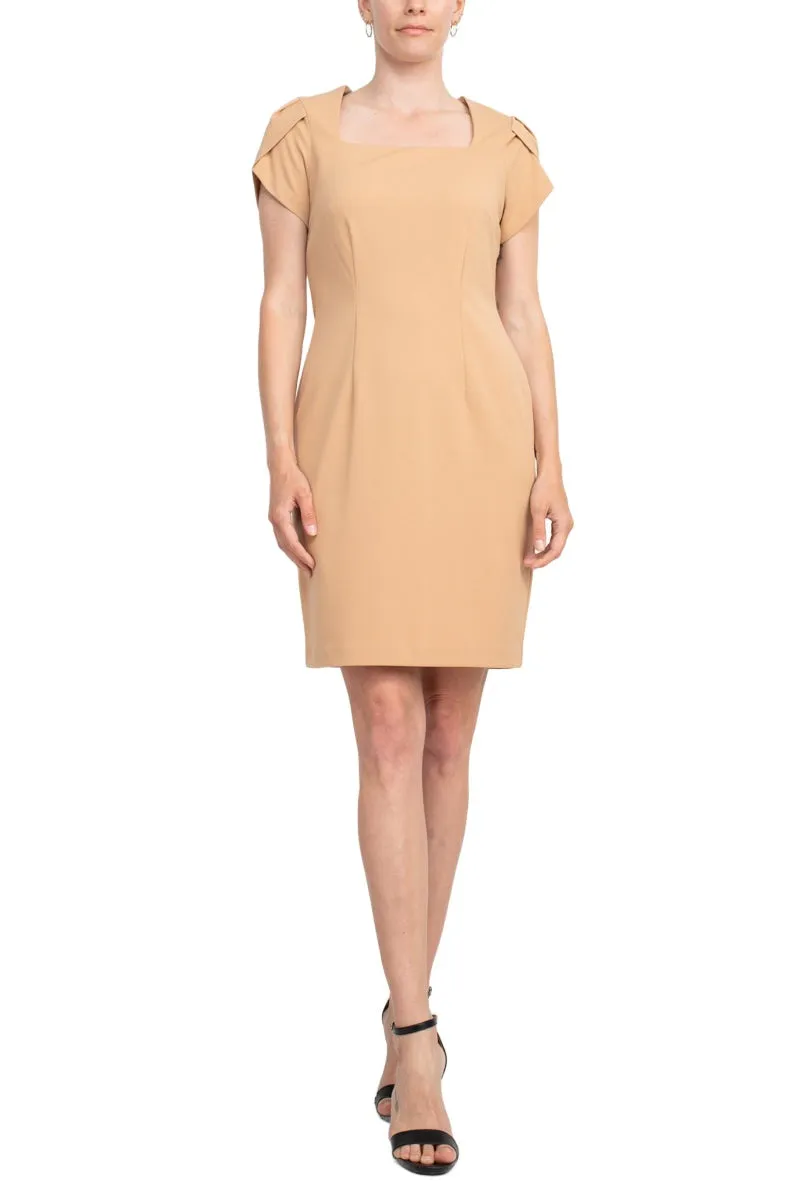 Connected Apparel Square Neck Short Sleeve Zipper Back Bodycon Solid Stretch Crepe Dress