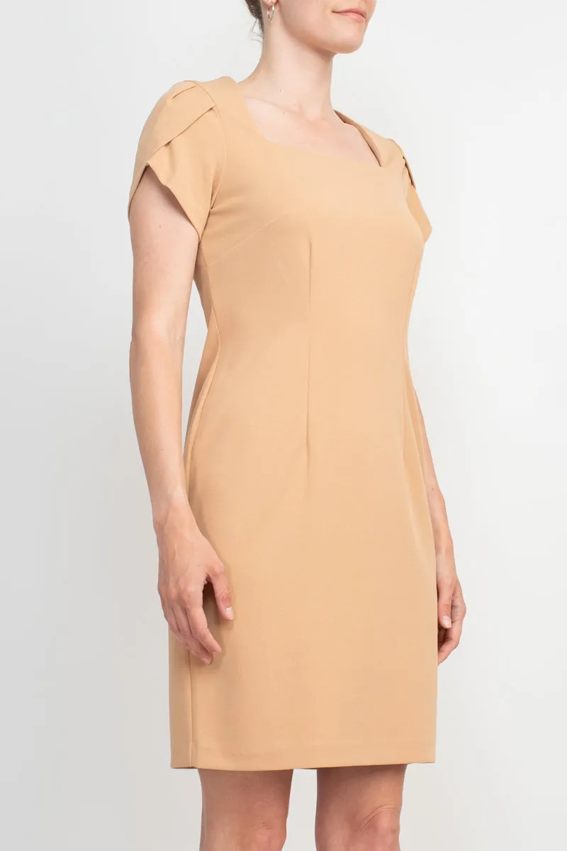 Connected Apparel Square Neck Short Sleeve Zipper Back Bodycon Solid Stretch Crepe Dress