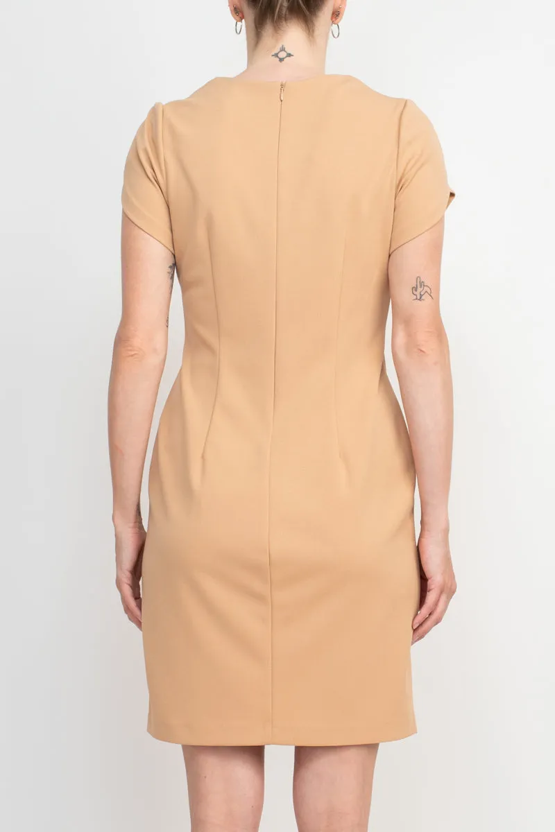 Connected Apparel Square Neck Short Sleeve Zipper Back Bodycon Solid Stretch Crepe Dress