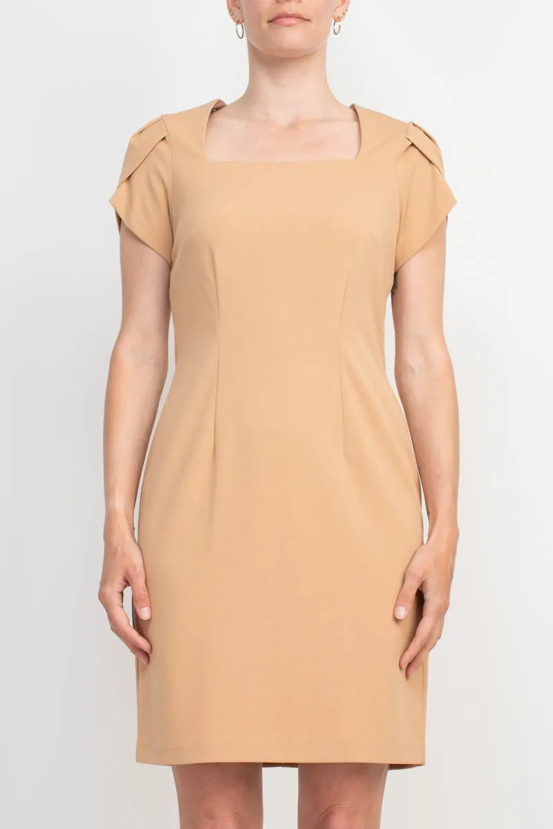 Connected Apparel Square Neck Short Sleeve Zipper Back Bodycon Solid Stretch Crepe Dress