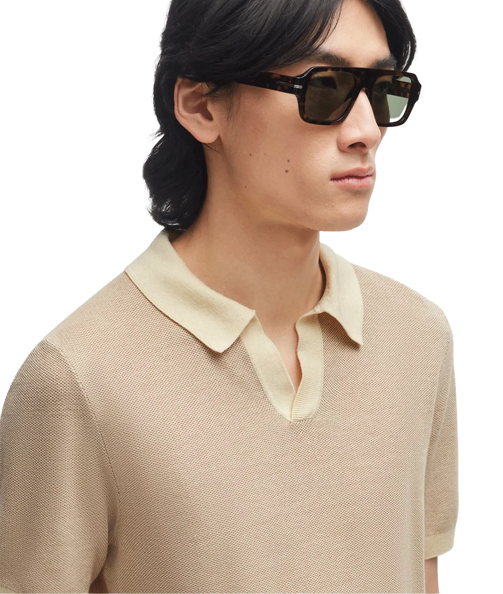 Cotton-blend Polo Sweater With Open Collar - Beige