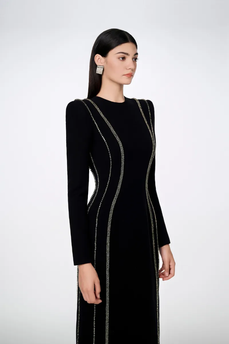 CRYSTAL - EMBELLISHED LONG SLEEVE BODYCON FULL DRESS