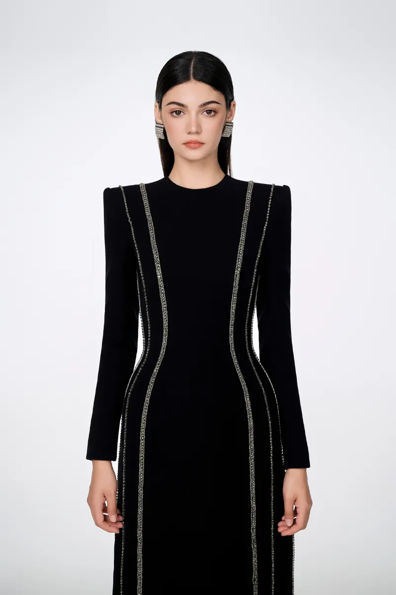 CRYSTAL - EMBELLISHED LONG SLEEVE BODYCON FULL DRESS