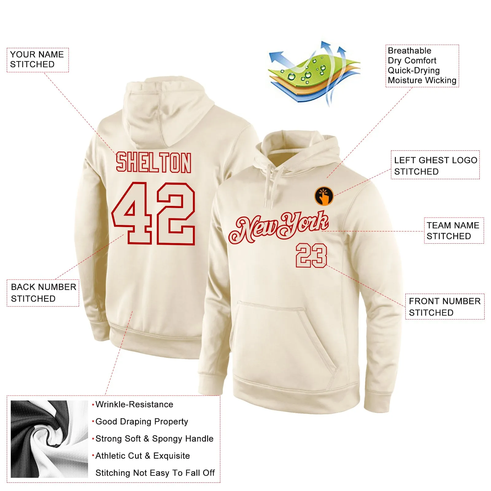 Custom Stitched Cream Cream-Red Sports Pullover Sweatshirt Hoodie