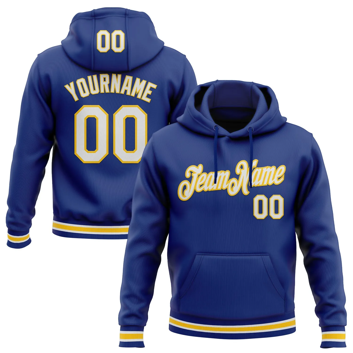 Custom Stitched Royal White-Yellow Sports Pullover Sweatshirt Hoodie