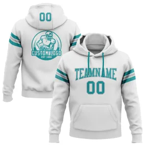 Custom Stitched White Teal-Gray Football Pullover Sweatshirt Hoodie