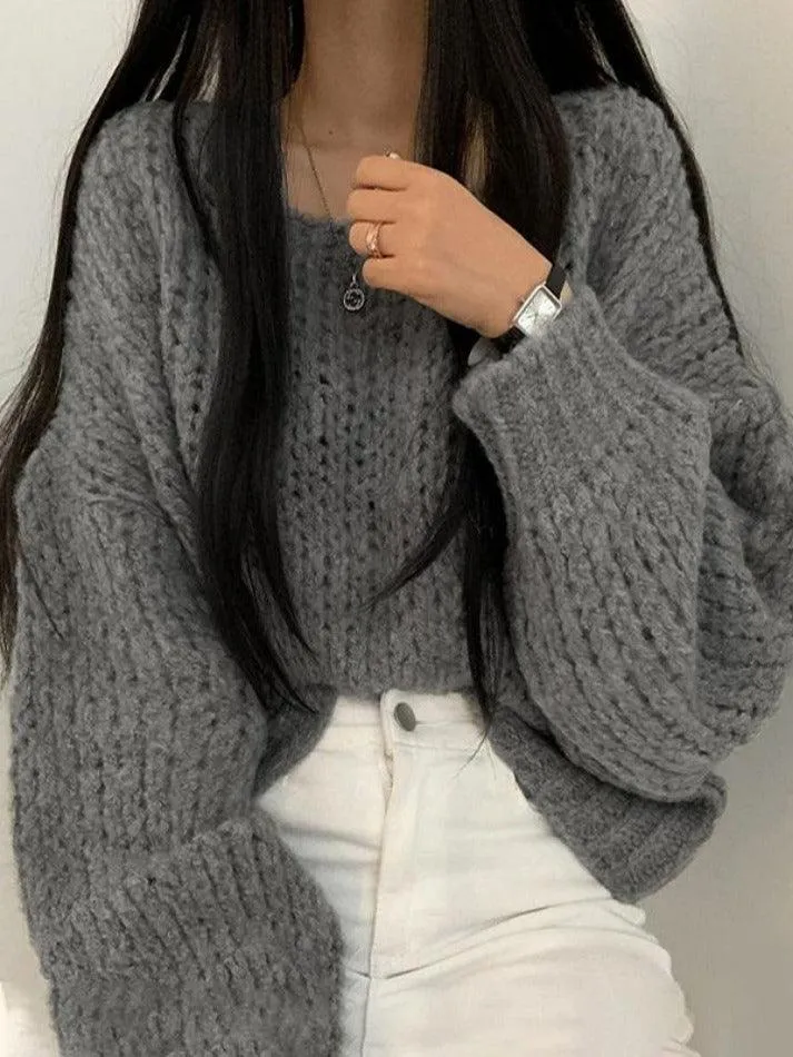 Cutout Lantern Sleeve Baggy Sweater