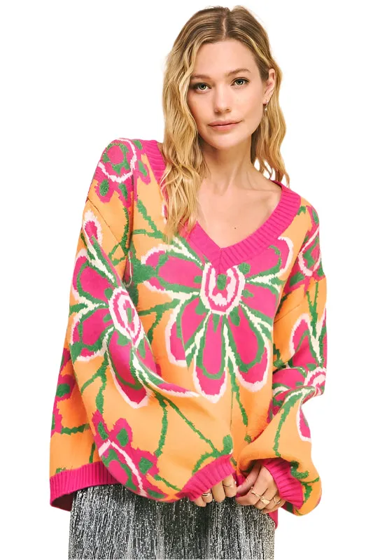 Davi & Dani Floral Contrast V-Neck Dropped Shoulder Sweater