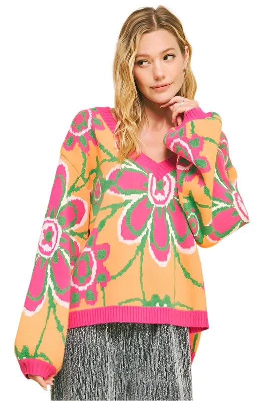 Davi & Dani Floral Contrast V-Neck Dropped Shoulder Sweater