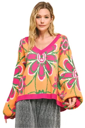 Davi & Dani Floral Contrast V-Neck Dropped Shoulder Sweater