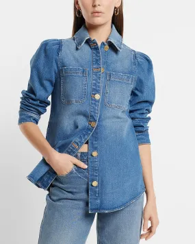 Denim Puff Sleeve Shacket in Dark Wash