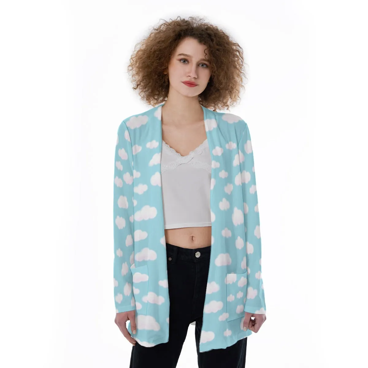 Dreamy Clouds Open Front Lightweight Cardigan With Pockets (Sky Blue)