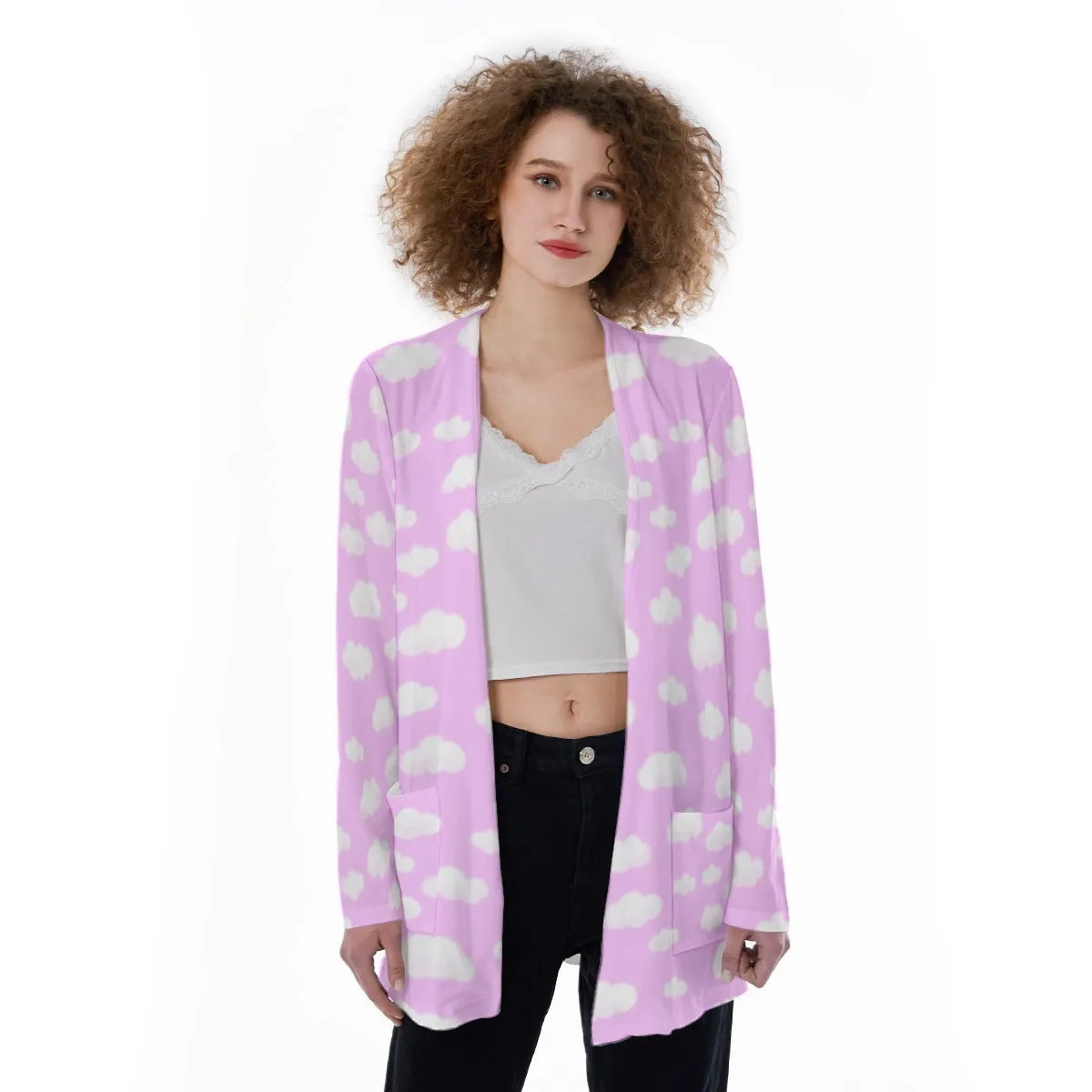 Dreamy Clouds Open Front Lightweight Cardigan With Pockets (Taffy Pink)