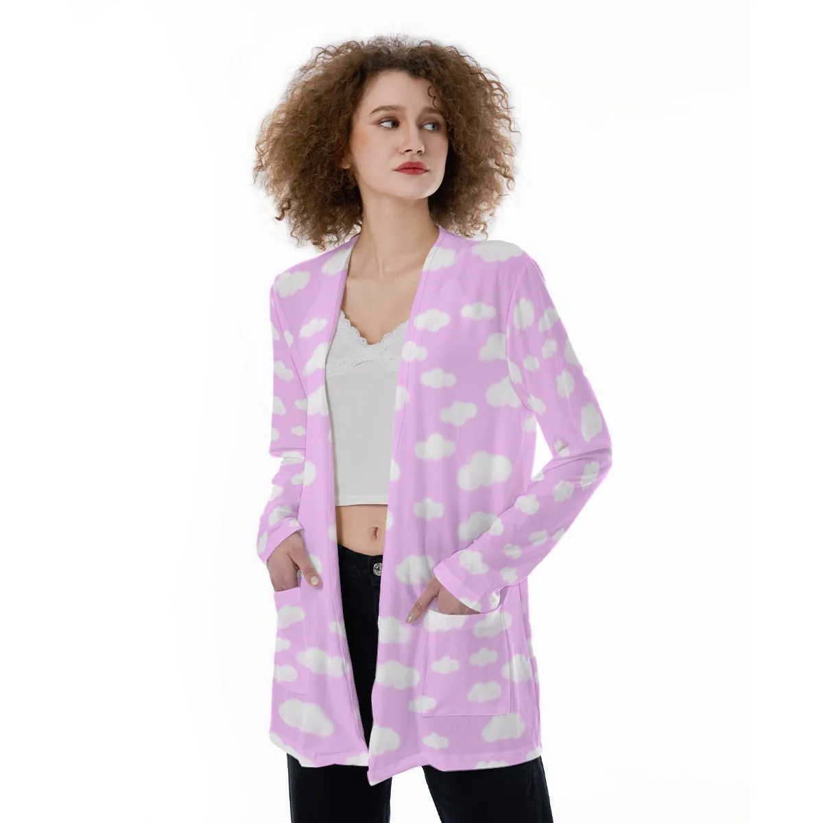 Dreamy Clouds Open Front Lightweight Cardigan With Pockets (Taffy Pink)