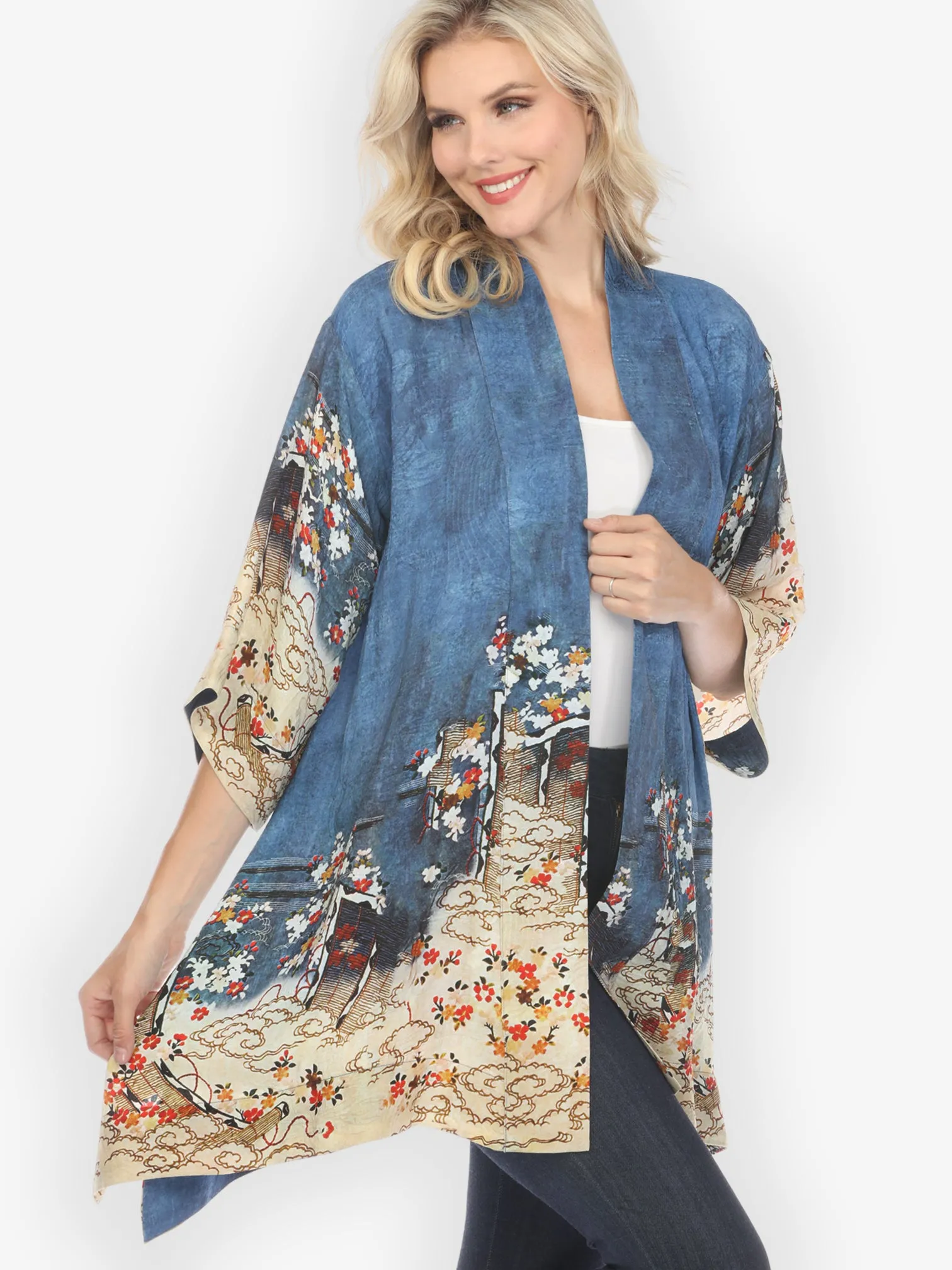 Edo Art Indigo Silk Blend Kimono Jacket