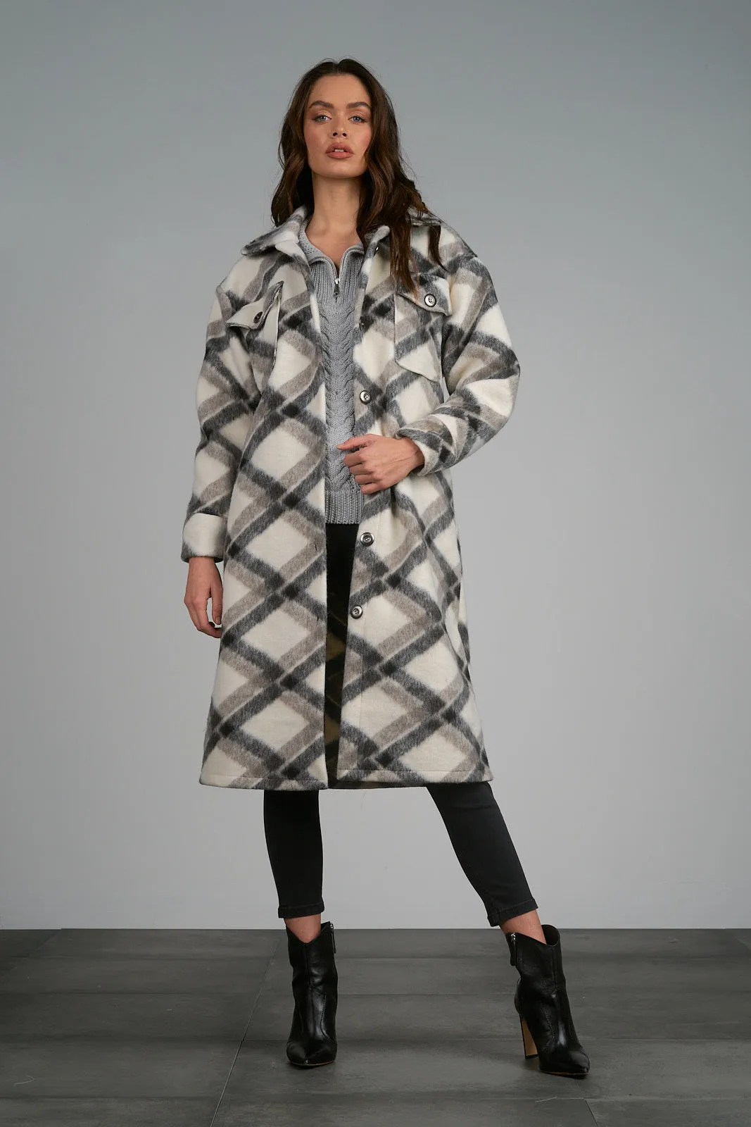 Elan Black Grey Plaid Long Brushed Shacket