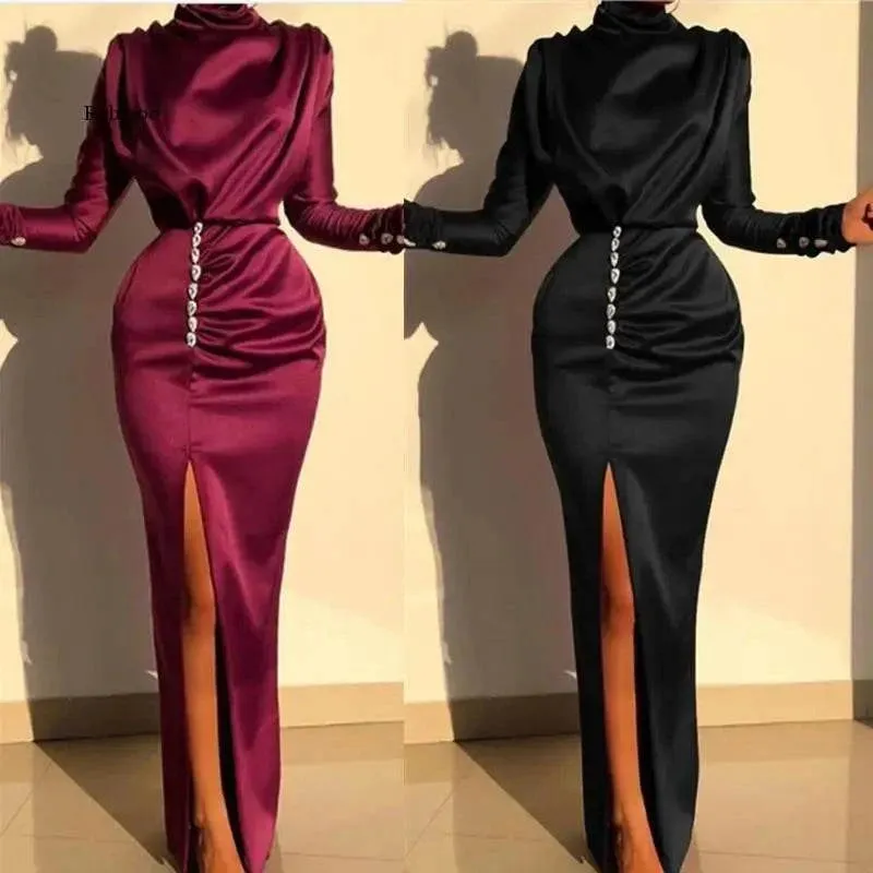 Elegant Autumn/Winter Bodycon Dress for Women - Long Sleeve, High Neck, Solid Color Party Gown