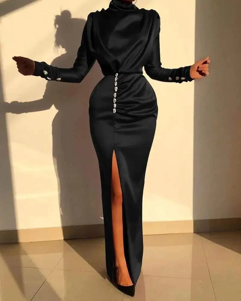 Elegant Autumn/Winter Bodycon Dress for Women - Long Sleeve, High Neck, Solid Color Party Gown