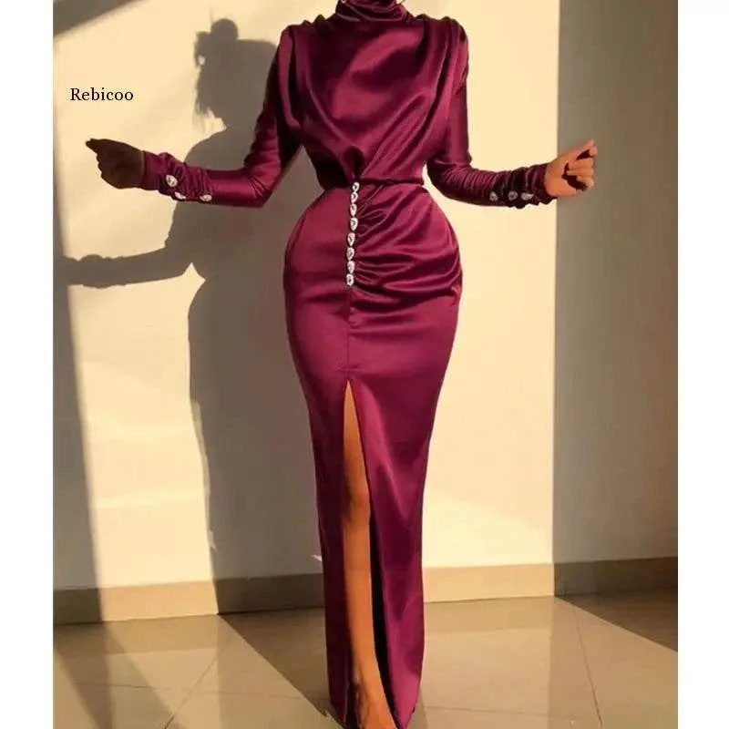 Elegant Autumn/Winter Bodycon Dress for Women - Long Sleeve, High Neck, Solid Color Party Gown