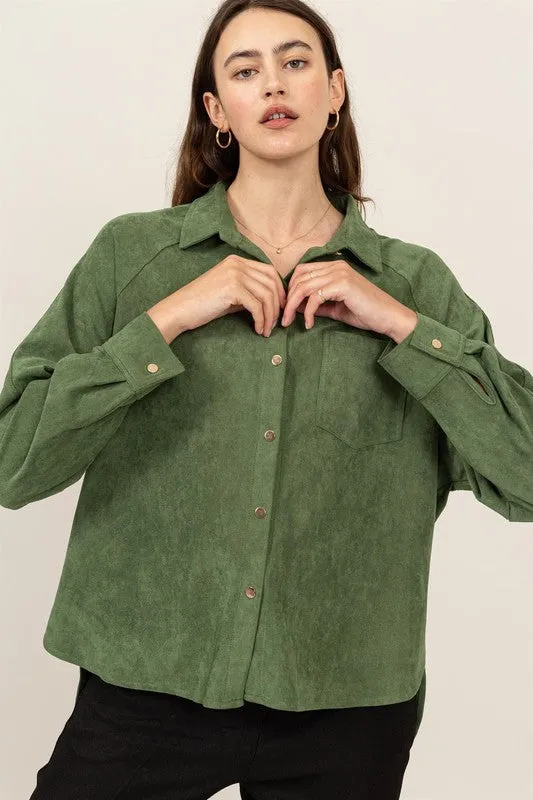 EVANGELINE STRETCHY SUEDE BUTTON-UP SHIRT