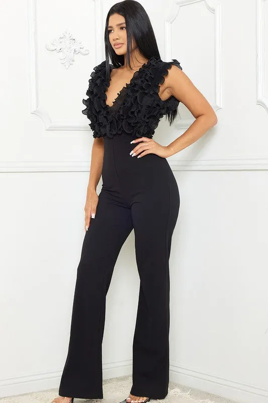 Fallen Mesh Ruffle Top Jumpsuit (Black)