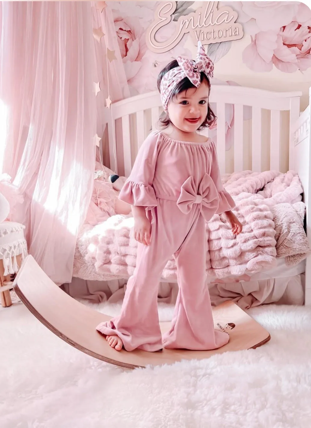 Farrah Dusty Rose Velvet Bell Bottom Bow Jumpsuit