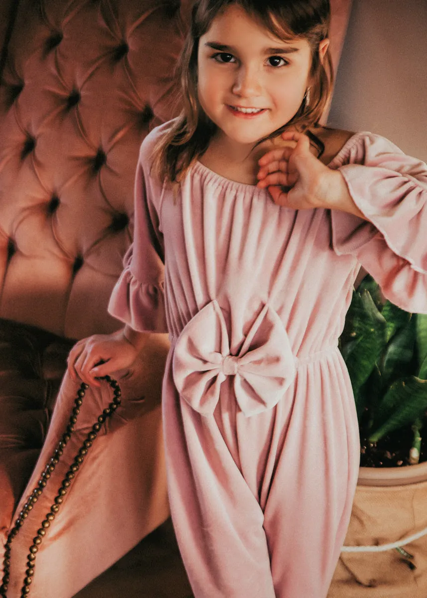 Farrah Dusty Rose Velvet Bell Bottom Bow Jumpsuit