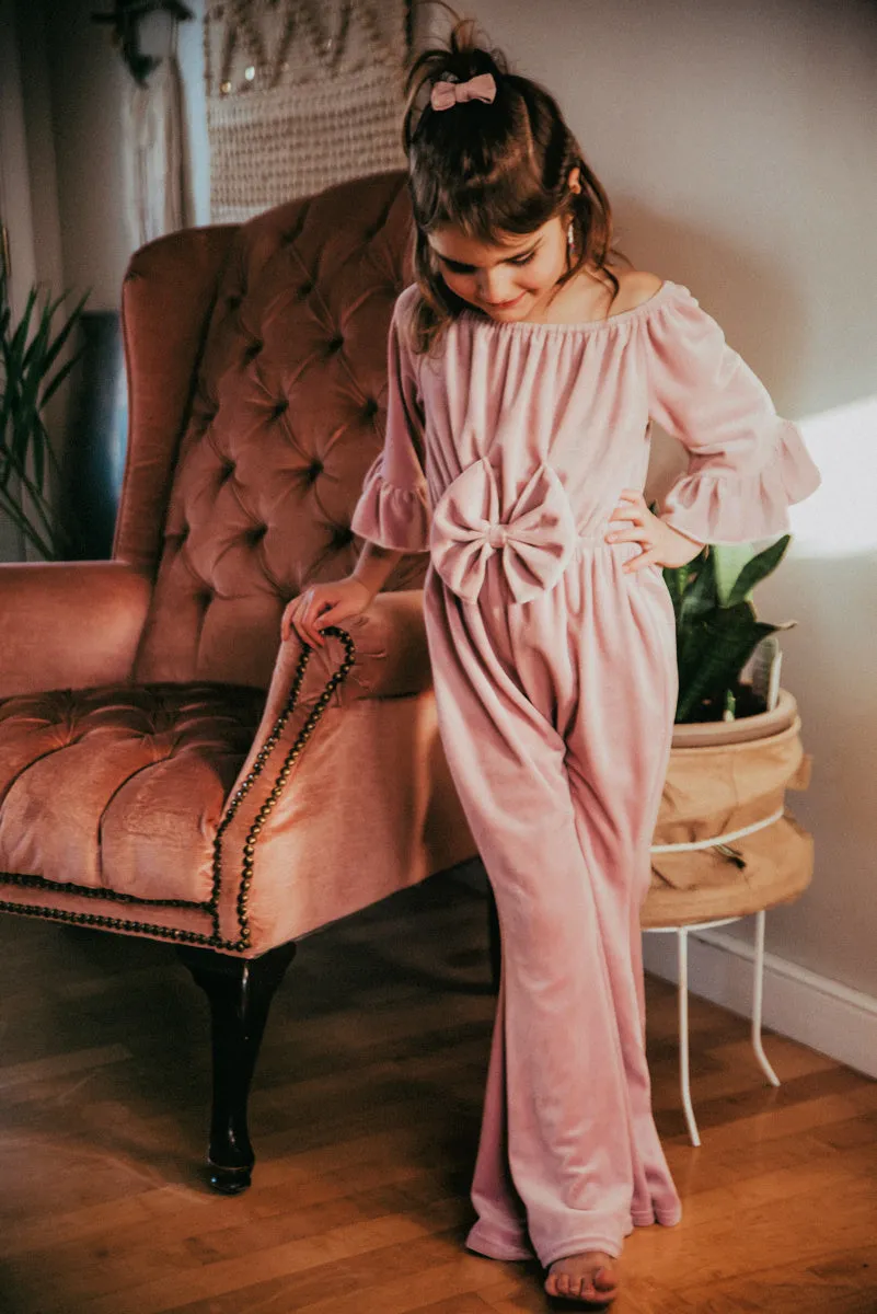 Farrah Dusty Rose Velvet Bell Bottom Bow Jumpsuit